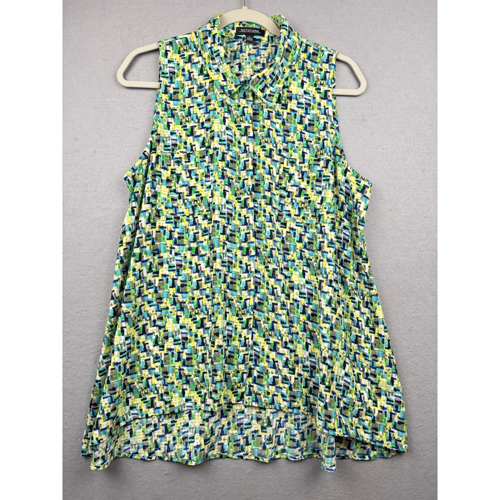 Notations Blouse Womens L Abstract Print High Low Sleeveless Button Front